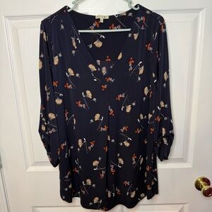 Beacon 3/4 Sleeve Blouse Navy with Cream and Red Floral Pattern Size 1X GUC